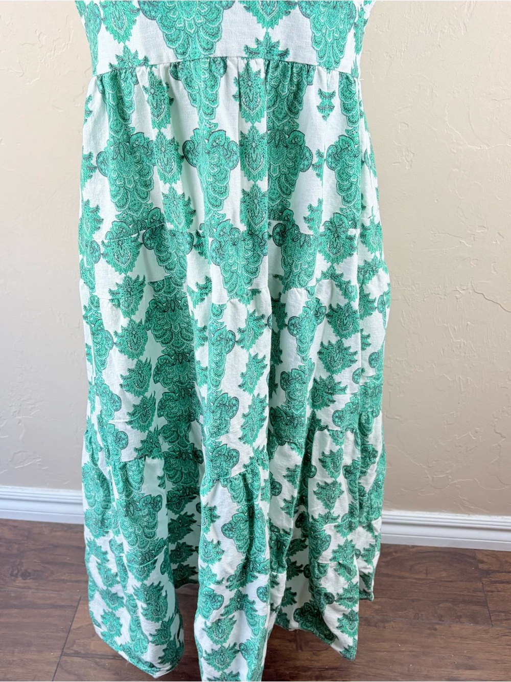 House of Harlow 1960 Green Printed Tiered Dress Linen Sleeveless Women’s Large - Picture 8 of 16